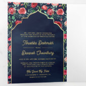 Rode Rozen Marine Blauw Bloemen Goud Indische Brui Drieluik Uitnodiging (Binnenzijde eerst)