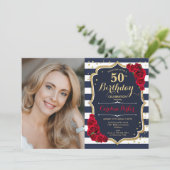 Rode rozen marine witte strepen foto 50e verjaarda kaart (Staand voorkant)