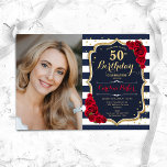 Rode rozen marine witte strepen foto 50e verjaarda kaart<br><div class="desc">Elegante bloemenvrouwelijke 50e verjaardagsuitnodiging met uw foto. Glam marine wit rood ontwerp met faux glitter goud. Beschikt over marineblauwe en witte strepen, rode rozen, script lettertype en confetti. Perfect voor een stijlvol volwassen feestje. Personaliseer met je eigen gegevens. Kan voor om het even welke leeftijd worden aangepast! Gedrukte Zazzle-uitnodigingen of...</div>