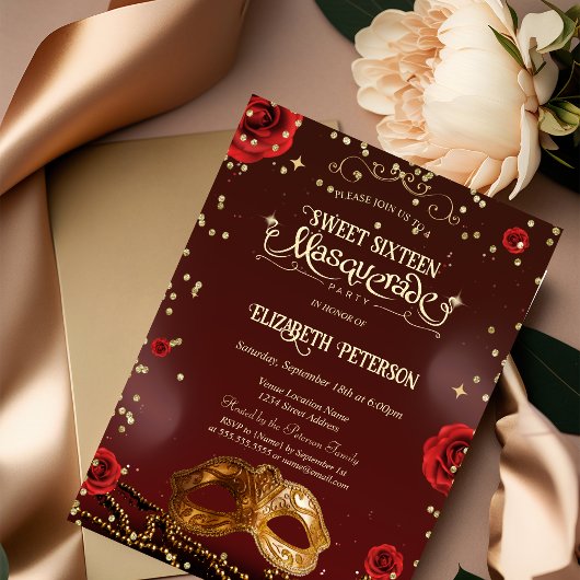 Rode Rozen Masker Parels Sweet 16 Kaart