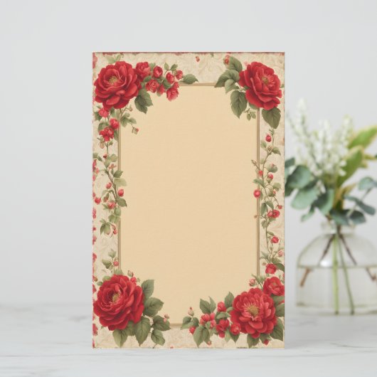  rode rozen met gouden Lijst Briefpapier (Staand voorkant)