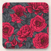 Rode rozen met grijze bladeren op zwart bier onderzetter (Voorkant)