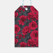 Rode rozen met grijze bladeren op zwart cadeaulabel (Achterkant)