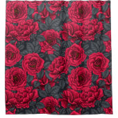 Rode rozen met grijze bladeren op zwart douchegordijn (Voorkant)