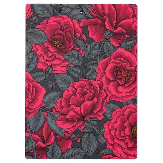 Rode rozen met grijze bladeren op zwart klembord (Achterkant)