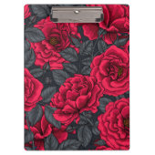 Rode rozen met grijze bladeren op zwart klembord (Voorkant)