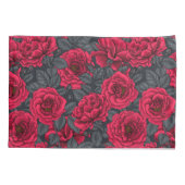 Rode rozen met grijze bladeren op zwart kussensloop (Achterkant-Links)