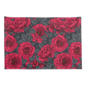 Rode rozen met grijze bladeren op zwart kussensloop (Achterkant-Rechts)
