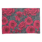 Rode rozen met grijze bladeren op zwart kussensloop (Voorkant-Rechts)
