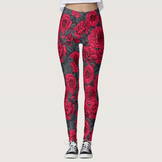 Rode rozen met grijze bladeren op zwart leggings (Voorkant)