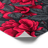 Rode rozen met grijze bladeren op zwart poster (Hoek)