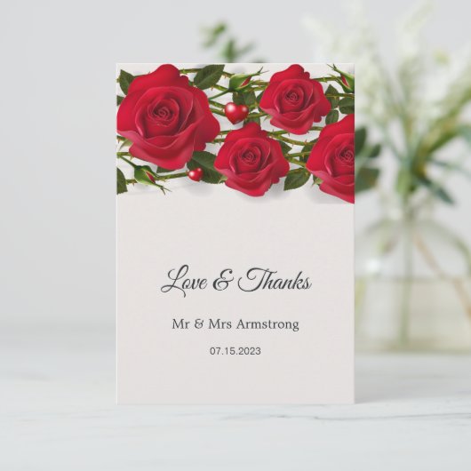 Rode rozen met harten bruiloft Dank u Bedankkaart (Staand voorkant)