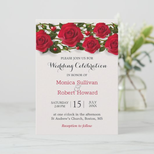 Rode rozen met harten Huwelijksuitnodiging Kaart (Staand voorkant)
