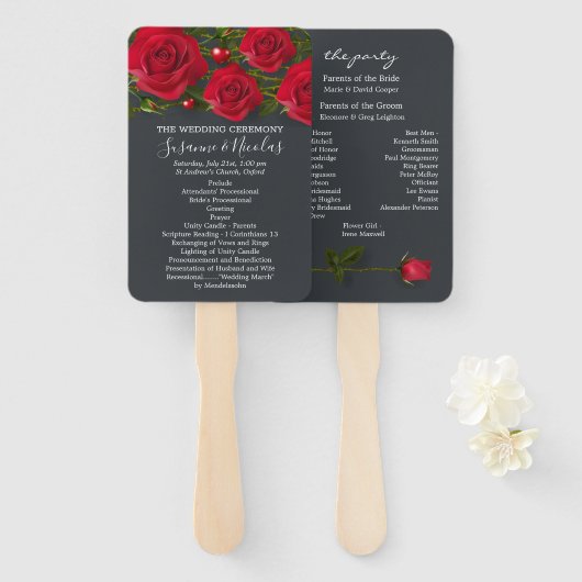 Rode rozen met harten op grijs bruiloft programma handwaaier (Voorkant en achterkant)