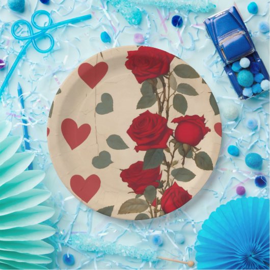 Rode rozen met hartenpatroon Romantisch Papieren Bordje (Feest)