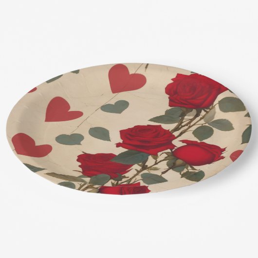 Rode rozen met hartenpatroon Romantisch Papieren Bordje (Gekanteld)