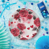 Rode rozen met hartenpatroon Romantisch Papieren Bordje (Feest)