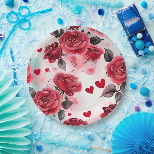Rode rozen met hartenpatroon Romantisch Papieren Bordje (Feest)