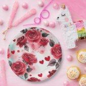 Rode rozen met hartenpatroon Romantisch Papieren Bordje (Feest)