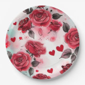Rode rozen met hartenpatroon Romantisch Papieren Bordje (Voorkant)