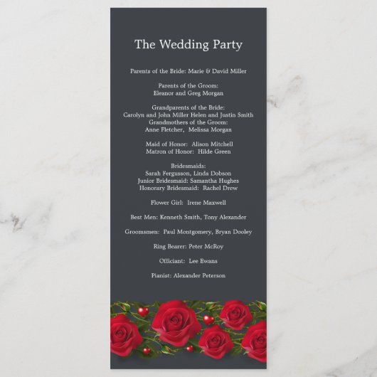 Rode rozen met hartjes op grijs trouwprogramma programmakaart (Achterkant)