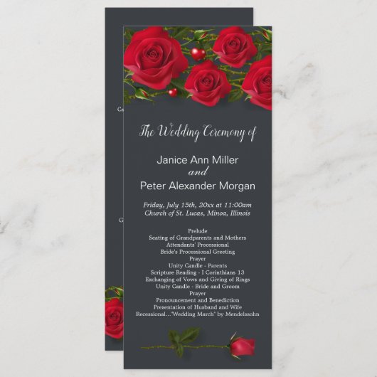 Rode rozen met hartjes op grijs trouwprogramma programmakaart (Voorkant / Achterkant)