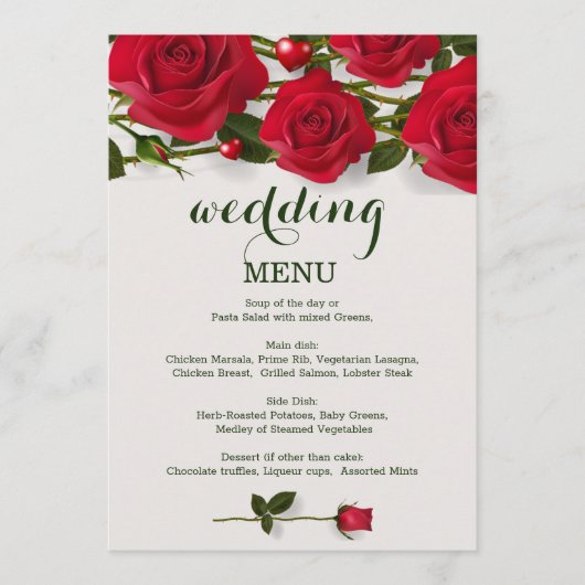 Rode rozen met hartjes Wedding Menu kaart (Voorkant)