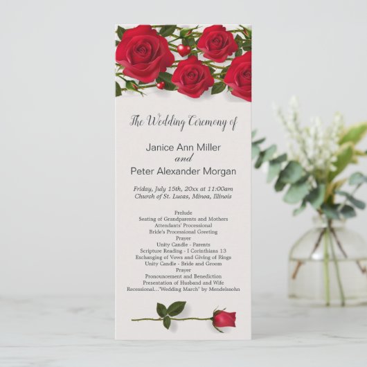Rode rozen met hartjes Wedding Program Programmakaart (Staand voorkant)