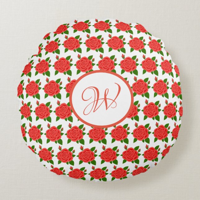 Rode rozen met knoppen Monogram Rond Kussen (Voorkant)