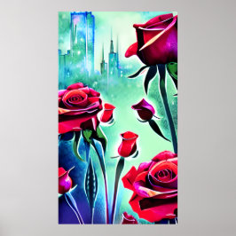 Rode rozen met modern cityscape poster