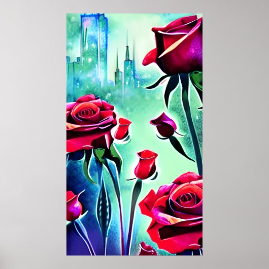 Rode rozen met modern cityscape poster (Voorkant)