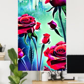 Rode rozen met modern cityscape poster (Thuiskantoor)
