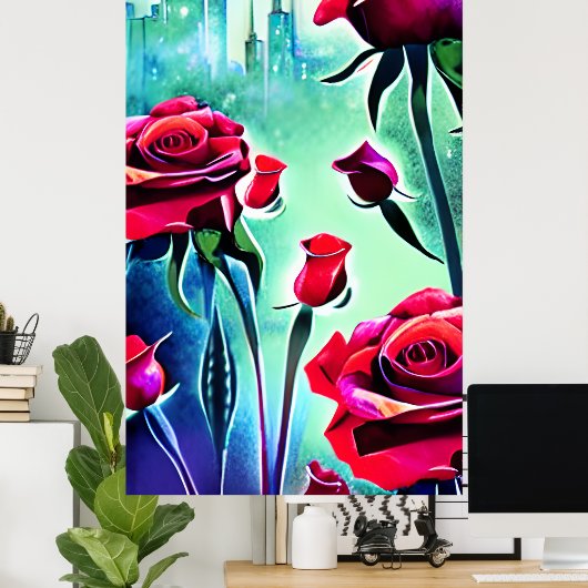 Rode rozen met modern cityscape poster (Thuiskantoor)