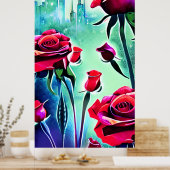 Rode rozen met modern cityscape poster (Keuken)