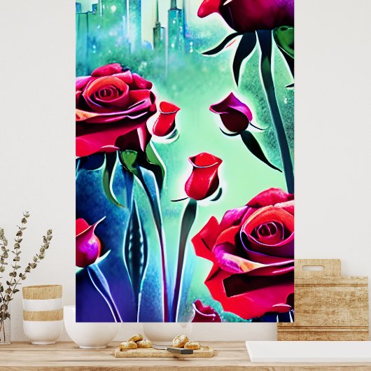 Rode rozen met modern cityscape poster (Keuken)