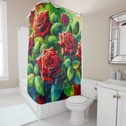 Rode rozen met regendruppels douchegordijn (In situ)