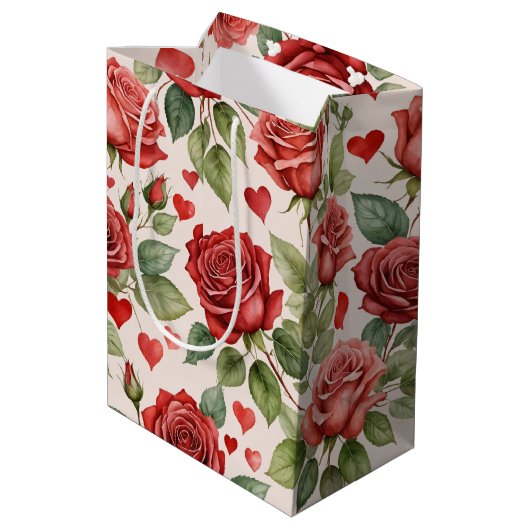 Rode rozen met Valentijn Hearts Patroon Romantisch Medium Cadeauzakje (Achterkant Gekanteld)