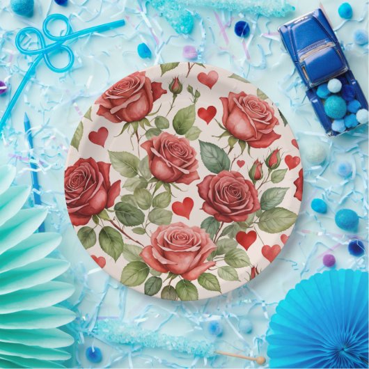 Rode rozen met Valentijn Hearts Patroon Romantisch Papieren Bordje (Feest)