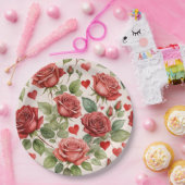 Rode rozen met Valentijn Hearts Patroon Romantisch Papieren Bordje (Feest)