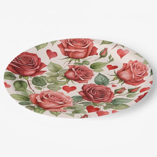 Rode rozen met Valentijn Hearts Patroon Romantisch Papieren Bordje (Gekanteld)