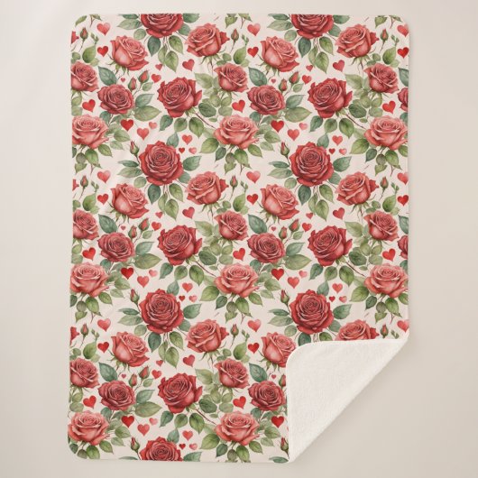 Rode rozen met Valentijn Hearts Patroon Romantisch Sherpa Deken (Voorkant)