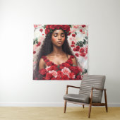 Rode rozen mooie zwarte vrouw kunst wandkleed (In situ)
