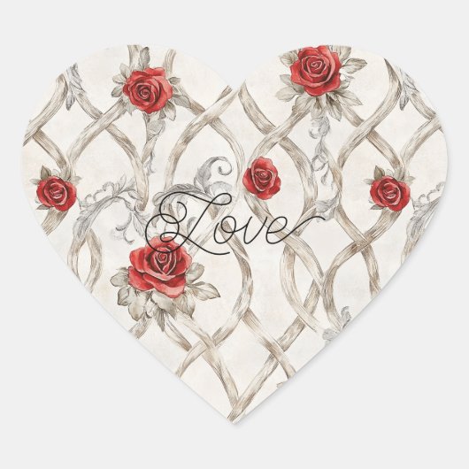 Rode Rozen Nep Hout Bloemige Liefde Hart Sticker (Voorkant)