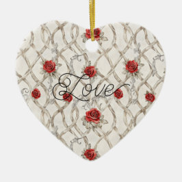 Rode Rozen Nep Hout Bloemstuk Kerstmis Keramisch Ornament