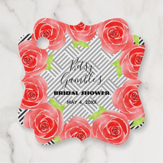 Rode rozen op Black White Stripes Derby Party Bedankjes Labels (Voorkant)