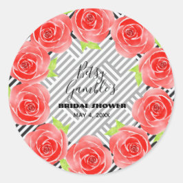 Rode rozen op Black White Stripes Derby Party Ronde Sticker