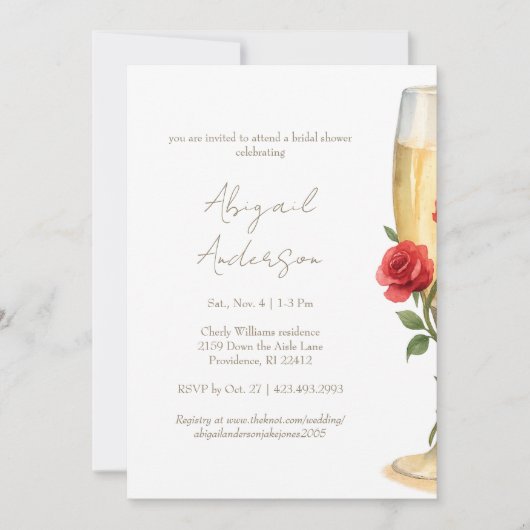 Rode rozen op bruidsfeest met champagne kaart (Voorkant)