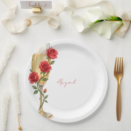 Rode rozen op champagne gepersonaliseerde naam papieren bordje (Huwelijk)