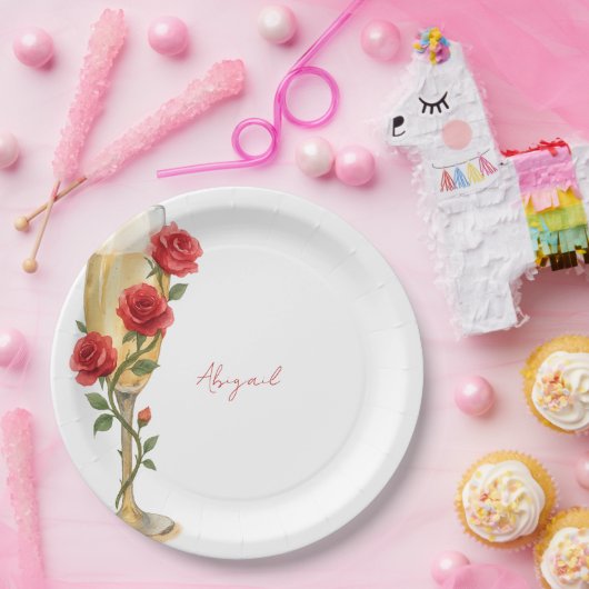 Rode rozen op champagne gepersonaliseerde naam papieren bordje (Feest)