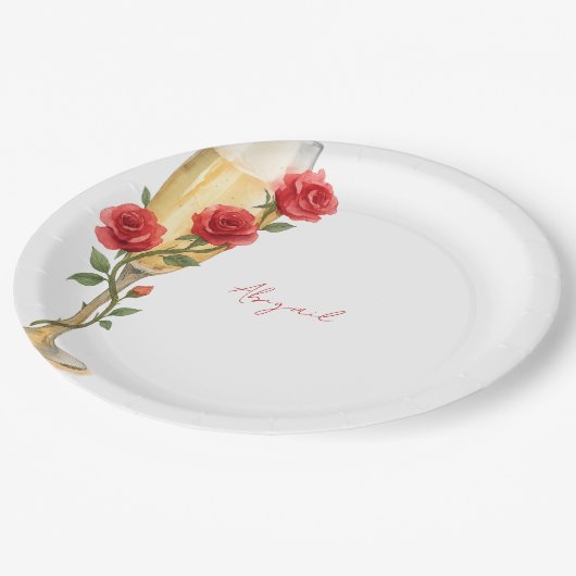 Rode rozen op champagne gepersonaliseerde naam papieren bordje (Gekanteld)